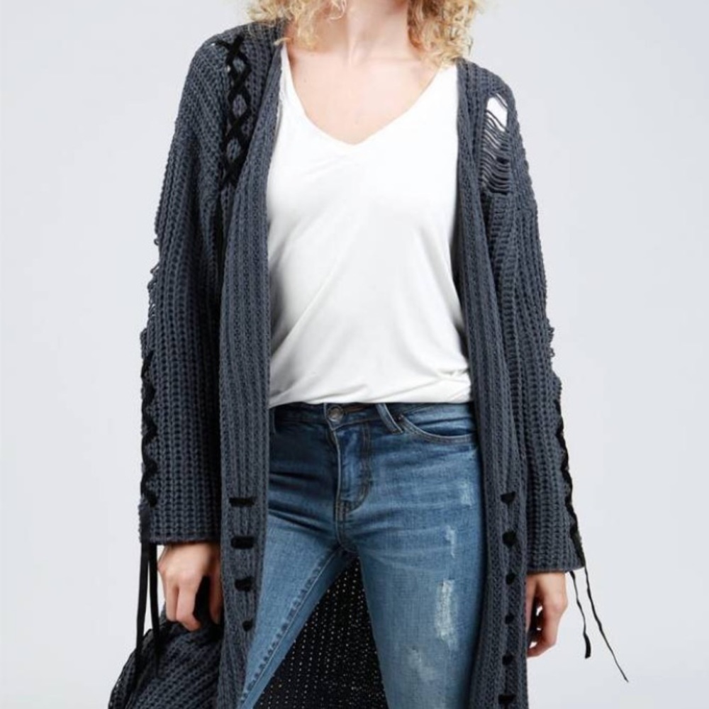 POL Distressed Shredded & Lace Up Cardigan